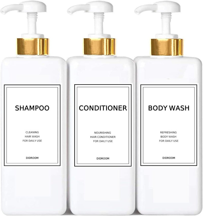 DIDROOM Modern Gold Shampoo and Conditioner Dispenser (21 oz,Pack of 3) Refillable Pump Bottle Set Empty Shower Plastic Bottles with for Bathroom Body Wash Soap Shower,3 Types Labels,Gold&white - Image 1